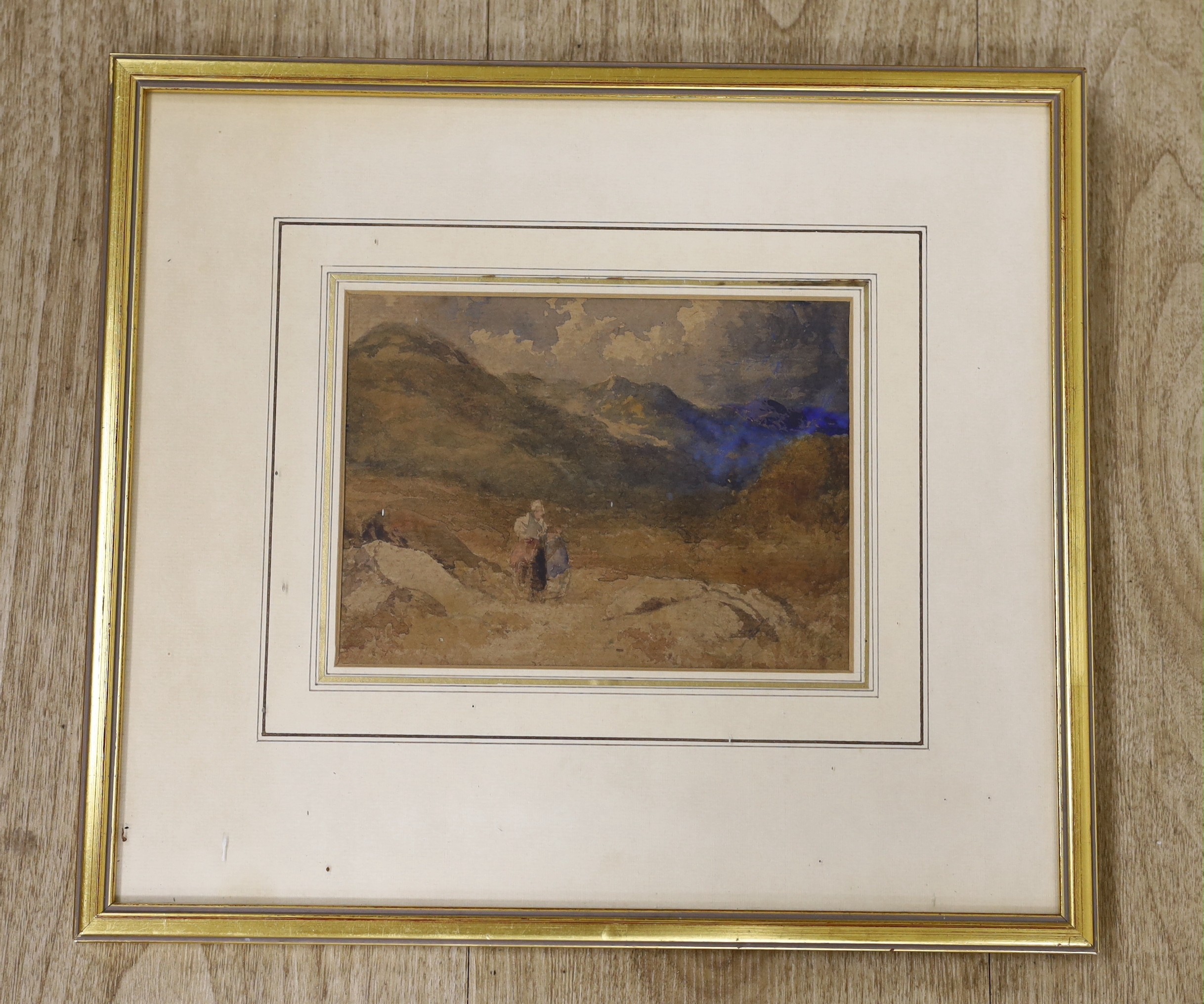 19th century English School, watercolour, Traveller in the Highlands, indistinctly signed, 13 x 18cm